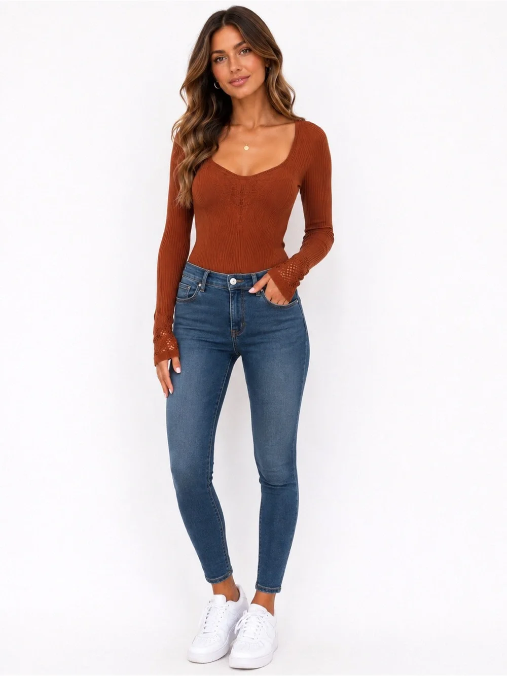 Free People Rust Brown Ribbed Lace Detail Fitted Long Sleeve Top XS/S NWT